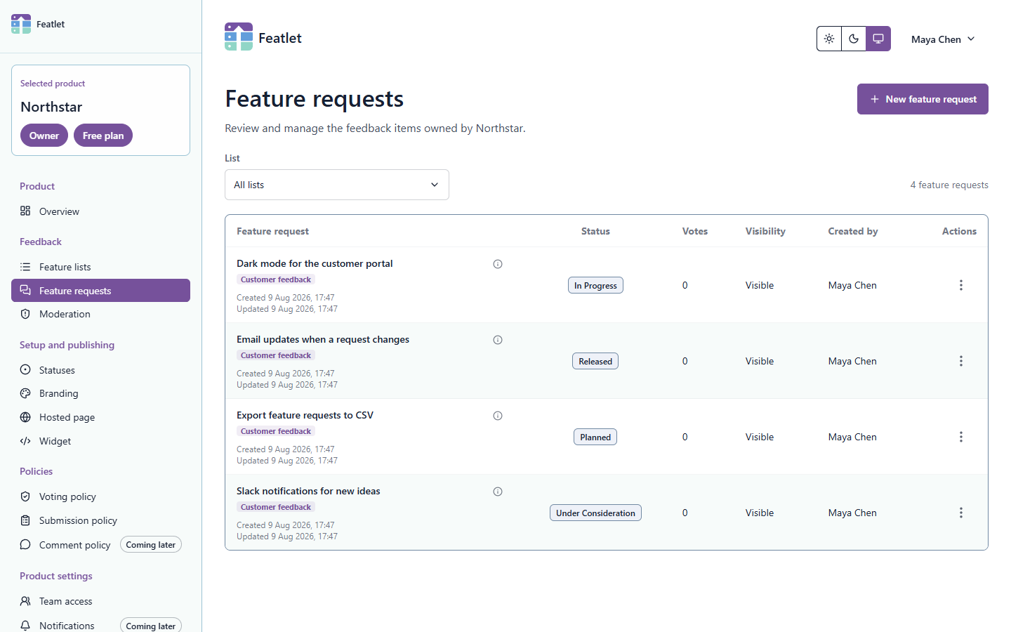 Featlet management app showing four fictional Northstar feature requests and their current statuses