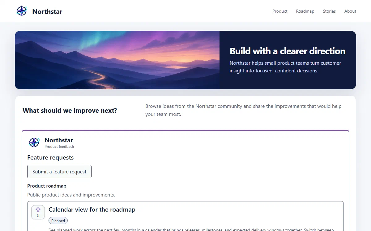 Featlet widget showing fictional feature requests inside a Northstar product page.