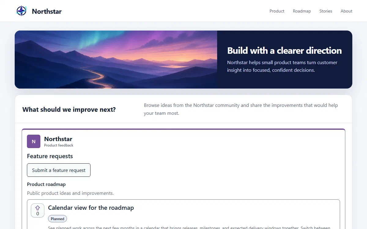 Featlet widget showing fictional feature requests inside a Northstar product page.