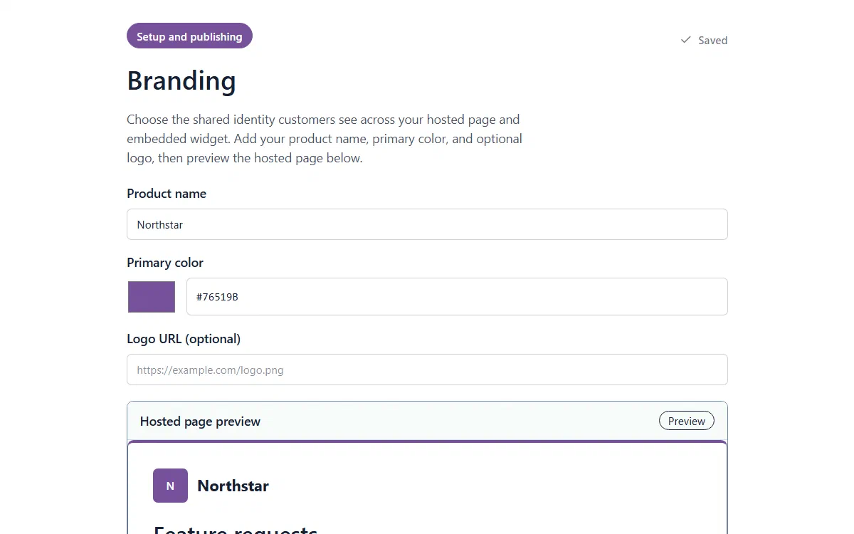 Featlet branding editor showing a fictional Northstar hosted page preview.