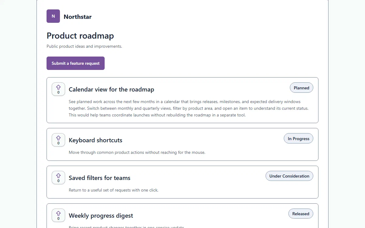 Fictional Northstar hosted feedback page showing published feature requests.