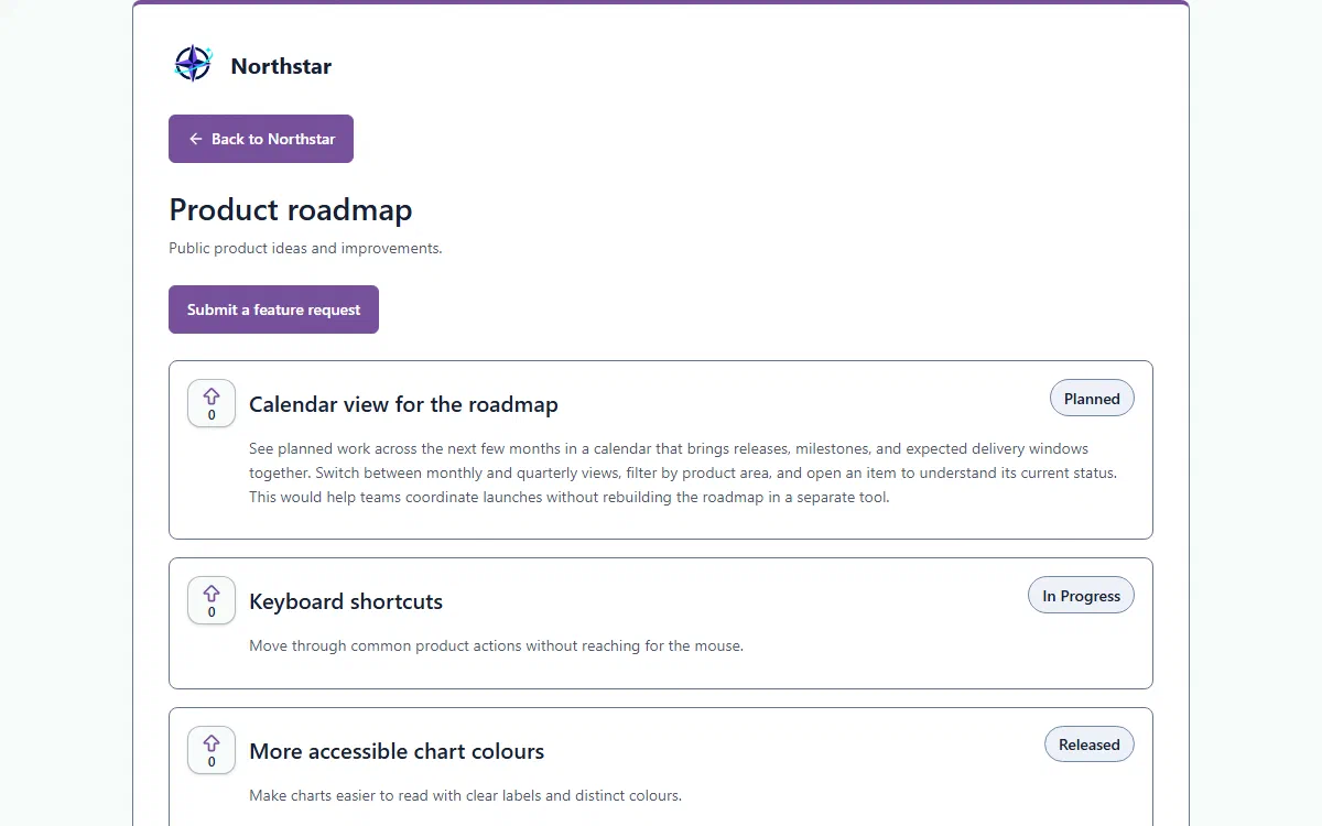 Fictional Northstar hosted feedback page showing published requests and a link back to the product.
